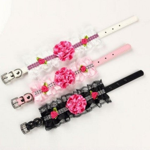 Leather Floral Lace Rhinestone Pet Collar