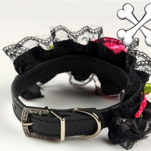 Leather Floral Lace Rhinestone Pet Collar