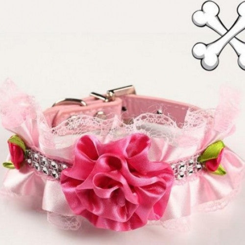 Leather Floral Lace Rhinestone Pet Collar